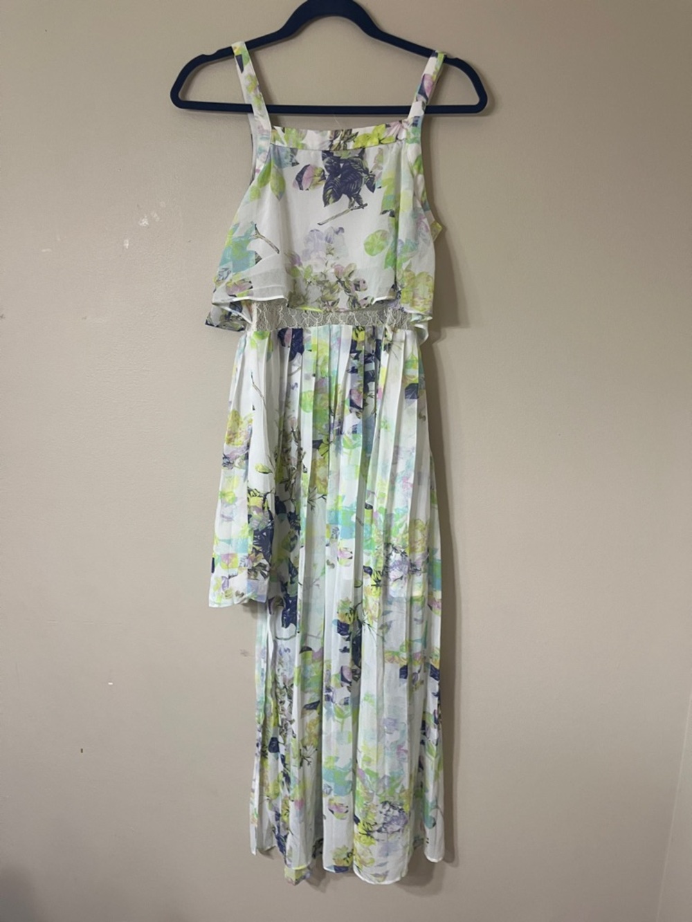 BCBG White Floral High-Low Maxi Dress with Lime and Navy Accents - Picture 5 of 5